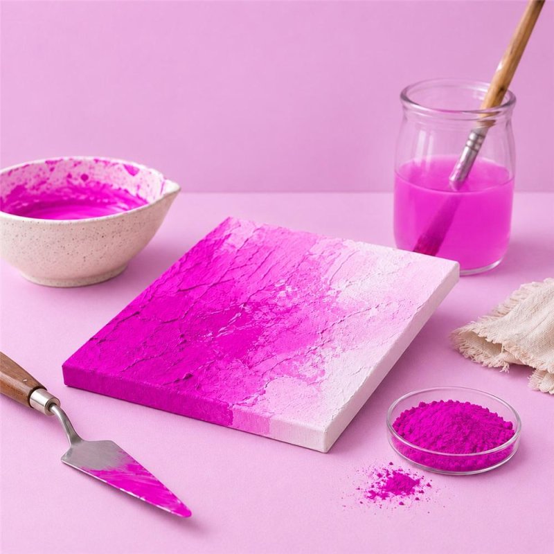 Pigmento malva neon: pintura con textura, espátula y cuenco de pigmento