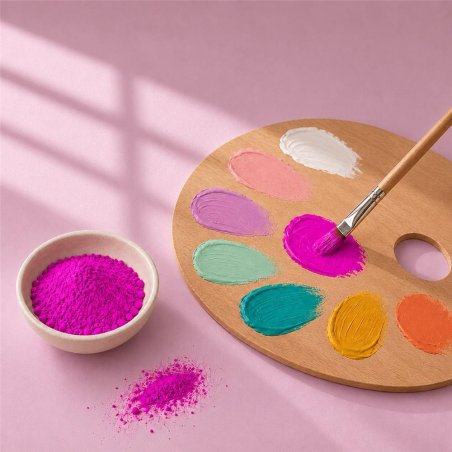 Pigmento malva neon: cuenco de polvo junto a paleta de pintura y pincel