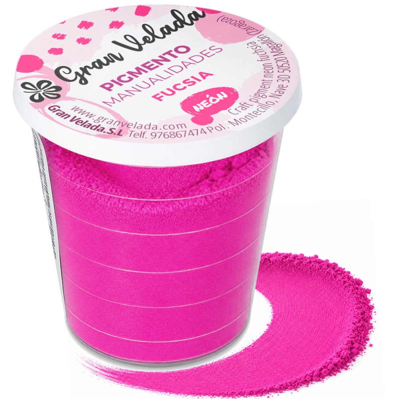Pigmento cor fucsia neon: embalagem e amostra de pó sobre fundo branco