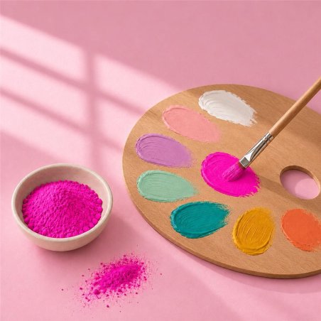 Pigment fuchsia néon: bol de poudre près d’une palette de peinture et d’un pinceau