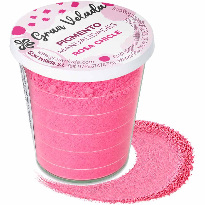 Pigmento rosa chicle: envase y muestra de polvo sobre fondo blanco