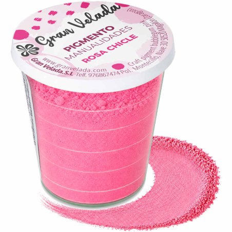 Pigmento rosa chicle: envase y muestra de polvo sobre fondo blanco