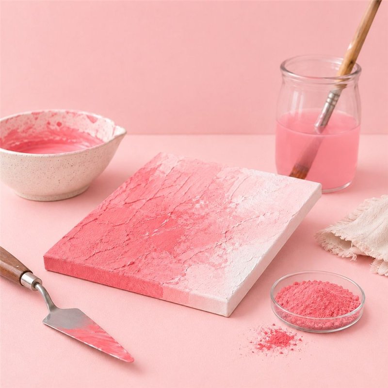 Pigmento rosa chicle: pintura con textura, espátula y cuenco de pigmento