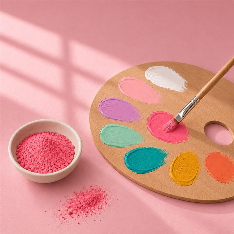 Pigmento rosa chicle: cuenco de polvo junto a paleta de pintura y pincel