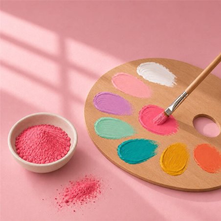 Pigmento cor rosa chiclete: taça de pó junto a paleta de pintura e pincel