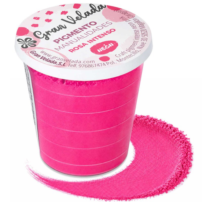 Pigmento rosa intenso neon: embalagem e amostra de pó sobre fundo branco