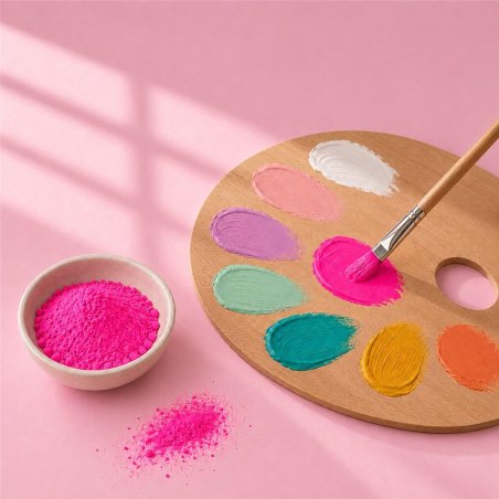 Pigment rose intense néon: bol de poudre près d’une palette de peinture et d’un pinceau