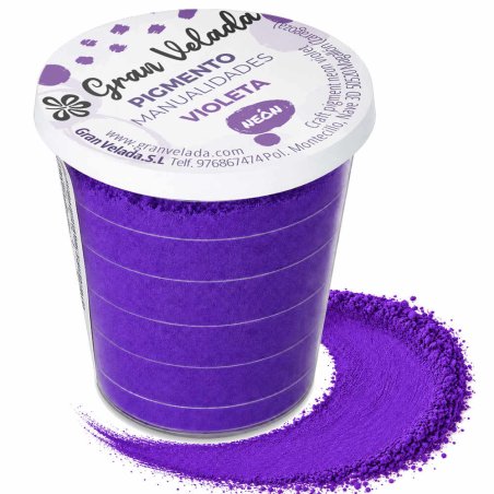 Pigmento violeta neon: envase y muestra de polvo sobre fondo blanco