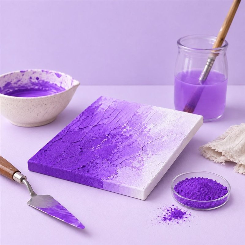 Pigment violet néon: peinture texturée, spatule et bol de pigment