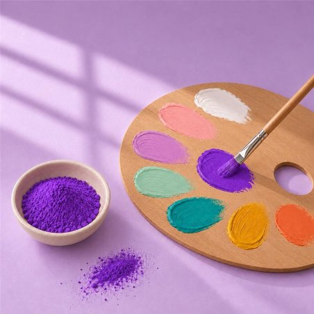 Pigmento violeta neon: cuenco de polvo junto a paleta de pintura y pincel