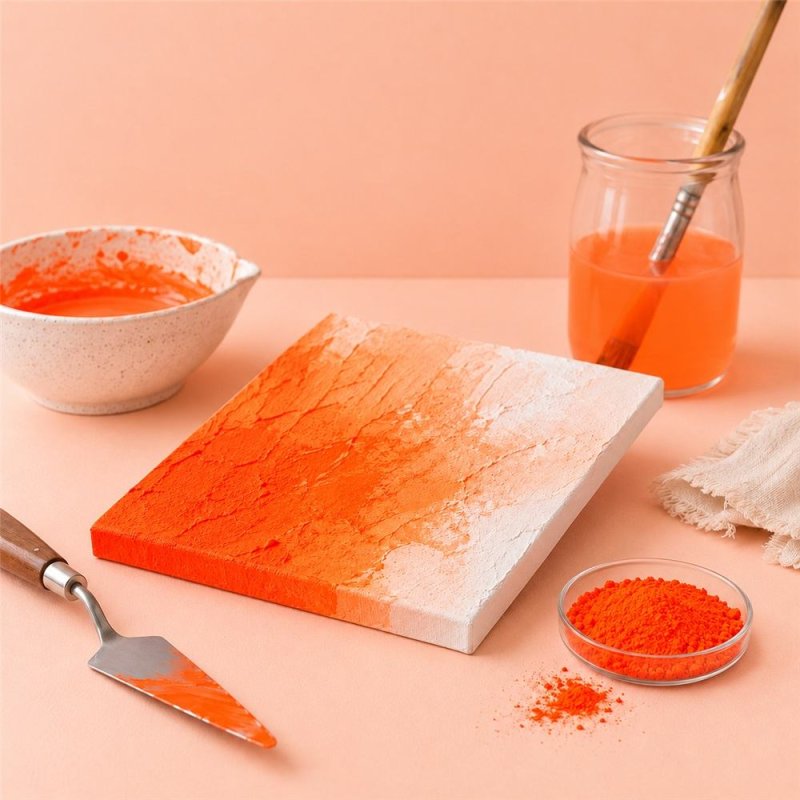 Pigmento naranja neon: pintura con textura, espátula y cuenco de pigmento