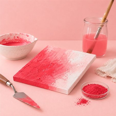 Pigmento coral: pintura con textura, espátula y cuenco de pigmento