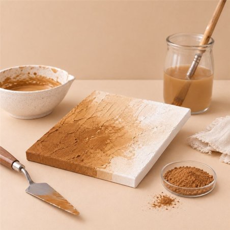 Pigmento marron caramelo: pintura con textura, espátula y cuenco de pigmento