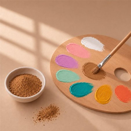 Pigmento marron caramelo: cuenco de polvo junto a paleta de pintura y pincel