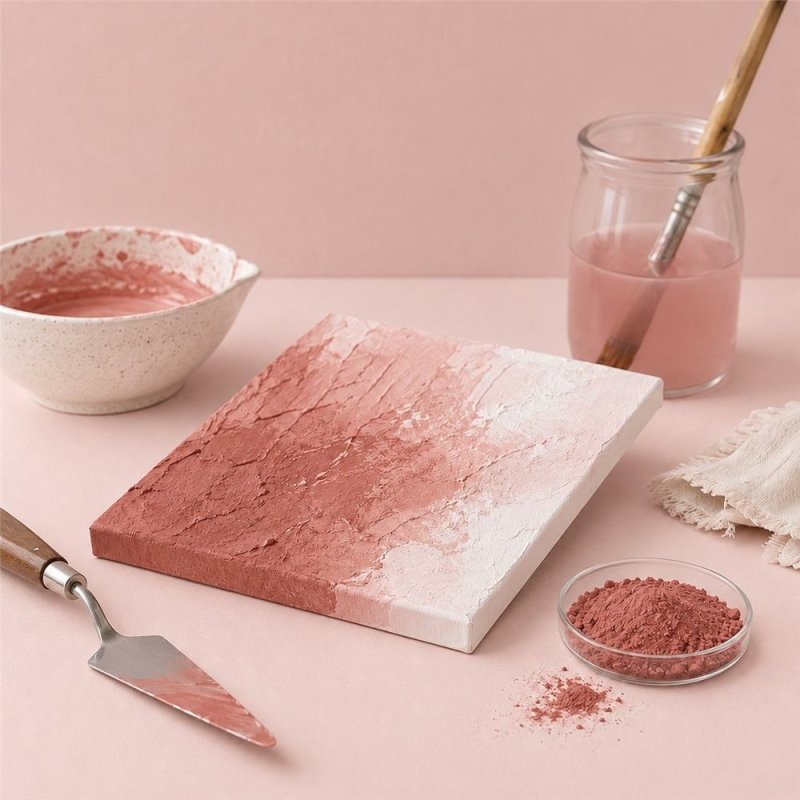 Pigmento rosa palo: pintura con textura, espátula y cuenco de pigmento