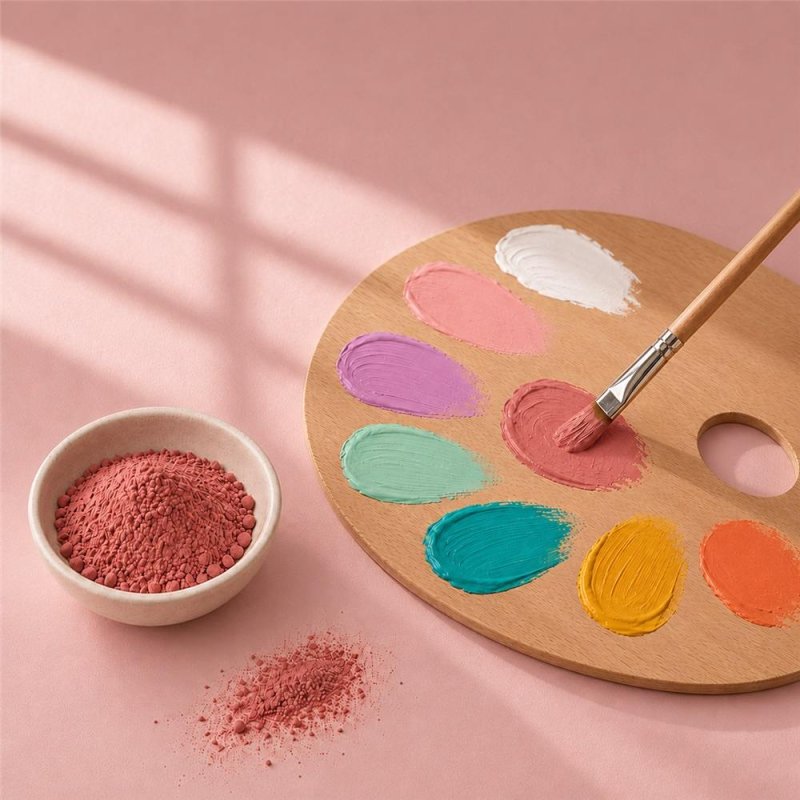 Pigmento rosa pau: taça de pó junto a paleta de pintura e pincel