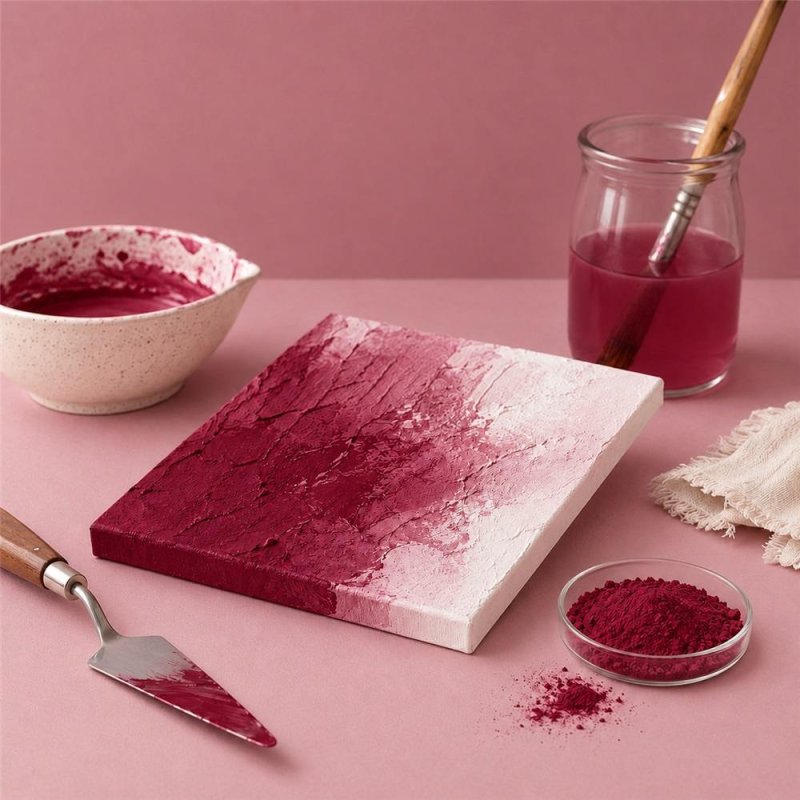 Pigment rouge vin: peinture texturée, spatule et bol de pigment