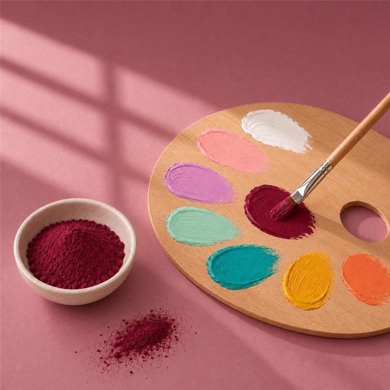 Pigmento rojo vino: cuenco de polvo junto a paleta de pintura y pincel