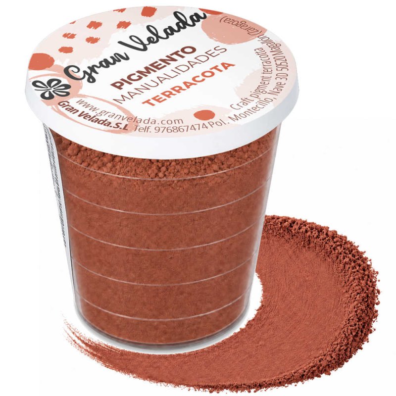 Pigment terre cuite: pot et échantillon de poudre sur fond blanc