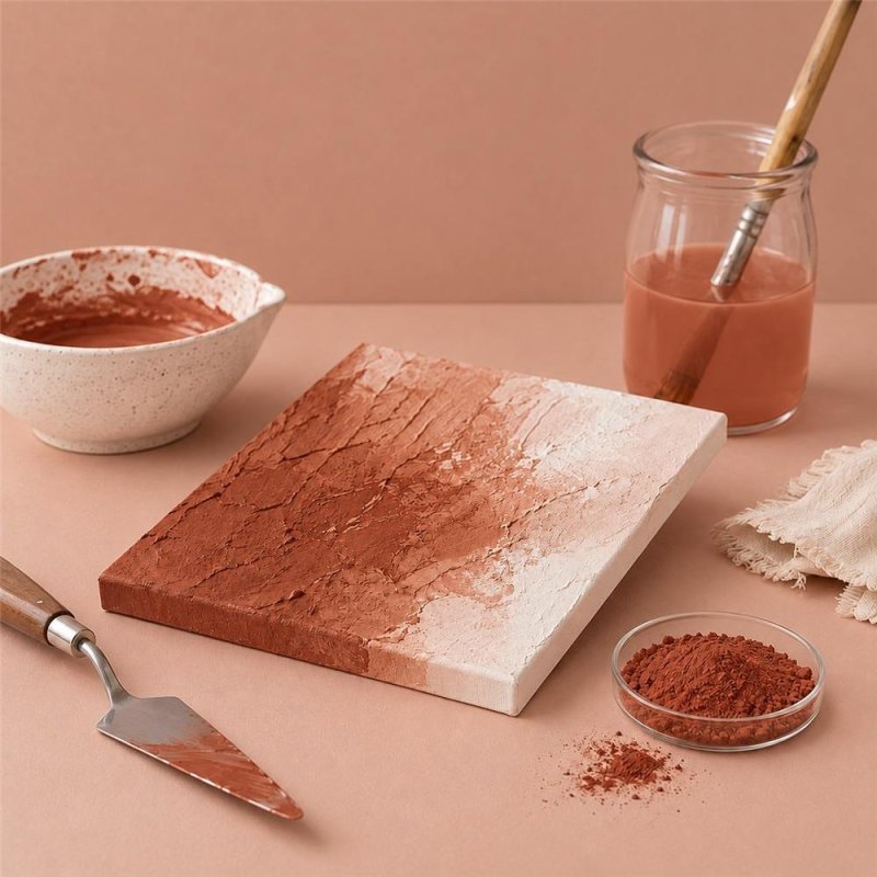 Pigment terre cuite: peinture texturée, spatule et bol de pigment
