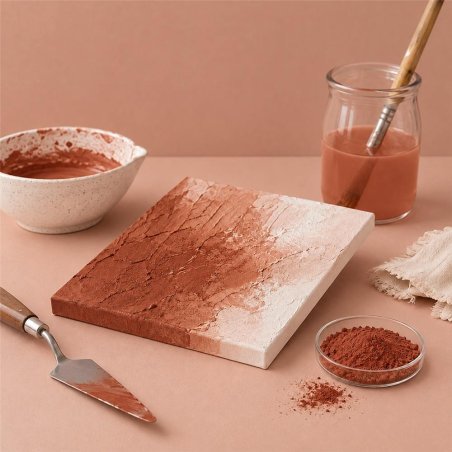 Pigmento terracota: pintura com textura, espátula e taça de pigmento