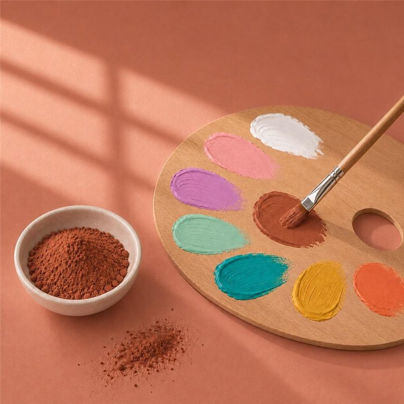 Pigmento terracota: cuenco de polvo junto a paleta de pintura y pincel