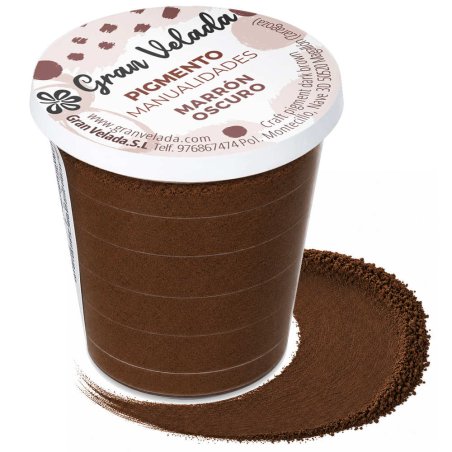 Pigmento marron oscuro: envase y muestra de polvo sobre fondo blanco