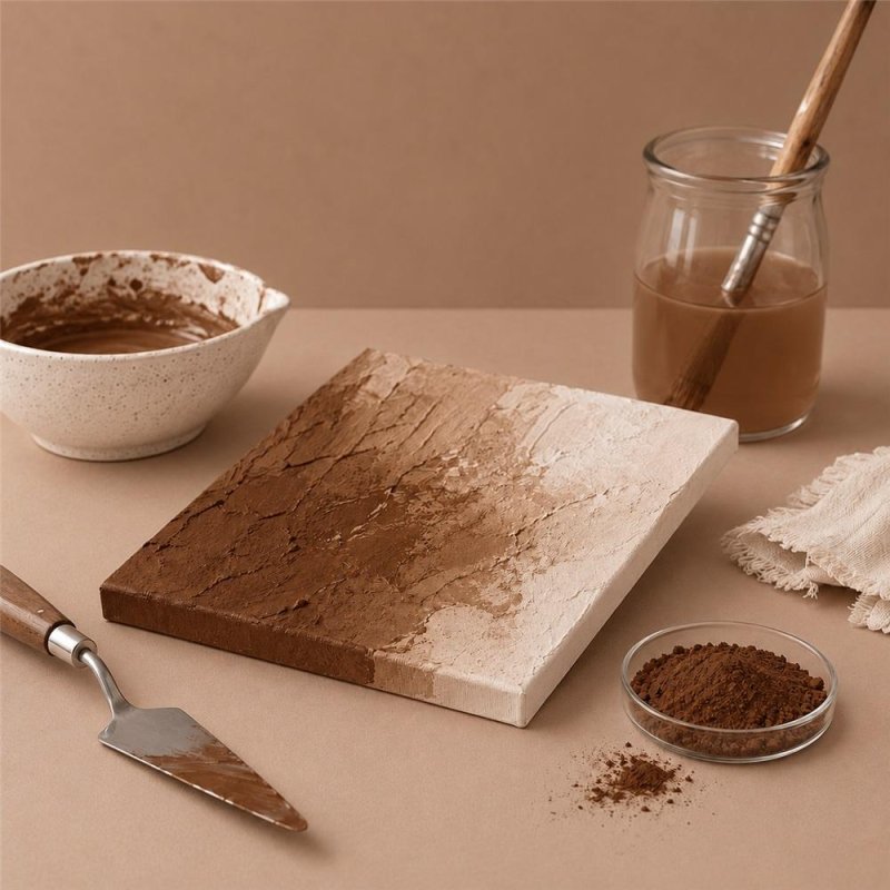 Pigmento marron oscuro: pintura con textura, espátula y cuenco de pigmento