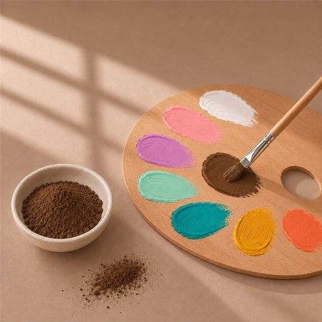 Pigmento marron oscuro: cuenco de polvo junto a paleta de pintura y pincel