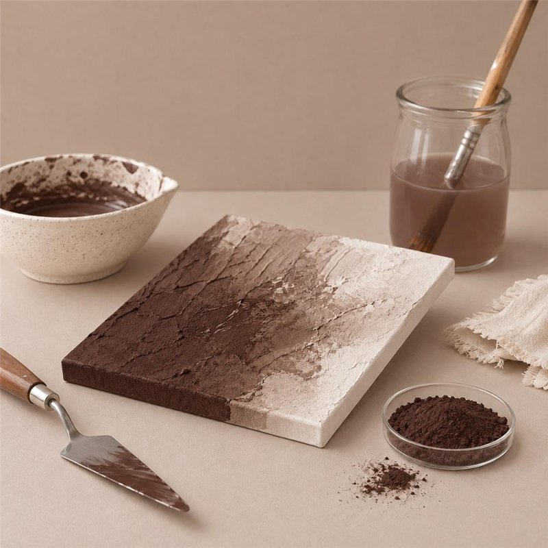 Pigment terre d’ombre brûlée: peinture texturée, spatule et bol de pigment
