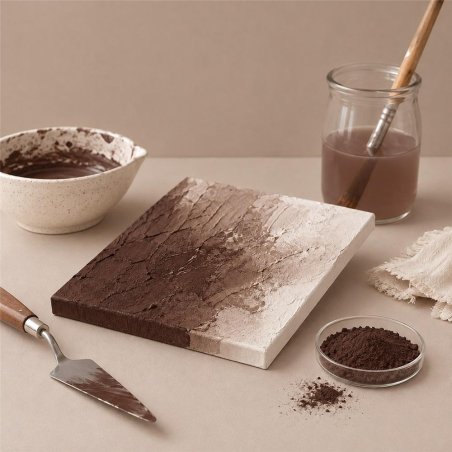 Pigment terre d’ombre brûlée: peinture texturée, spatule et bol de pigment
