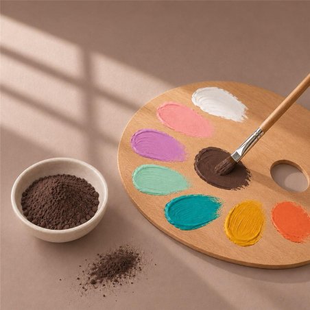 Pigment terre d’ombre brûlée: bol de poudre près d’une palette de peinture et d’un pinceau