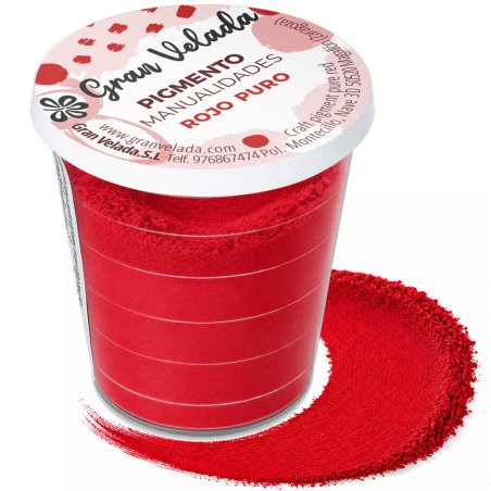 Pigmento vermelho puro: embalagem e amostra de pó sobre fundo branco