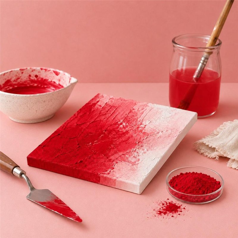 Pigment rouge pur: peinture texturée, spatule et bol de pigment