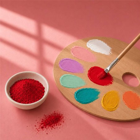 Pigment rouge pur: bol de poudre près d’une palette de peinture et d’un pinceau