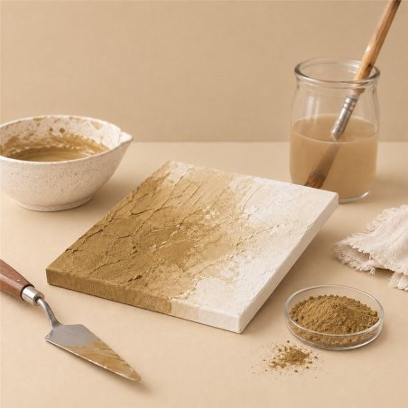 Pigmento avellana: pintura con textura, espátula y cuenco de pigmento