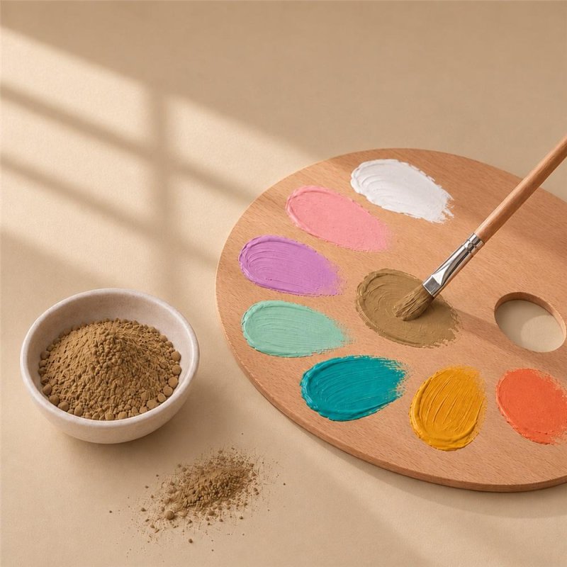 Pigment noisette: bol de poudre près d’une palette de peinture et d’un pinceau
