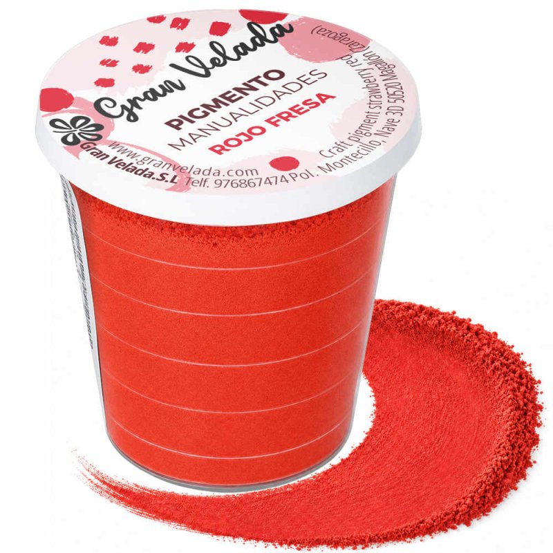 Pigmento vermelho morango: embalagem e amostra de pó sobre fundo branco