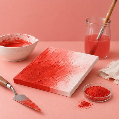 Pigment rouge fraise: peinture texturée, spatule et bol de pigment