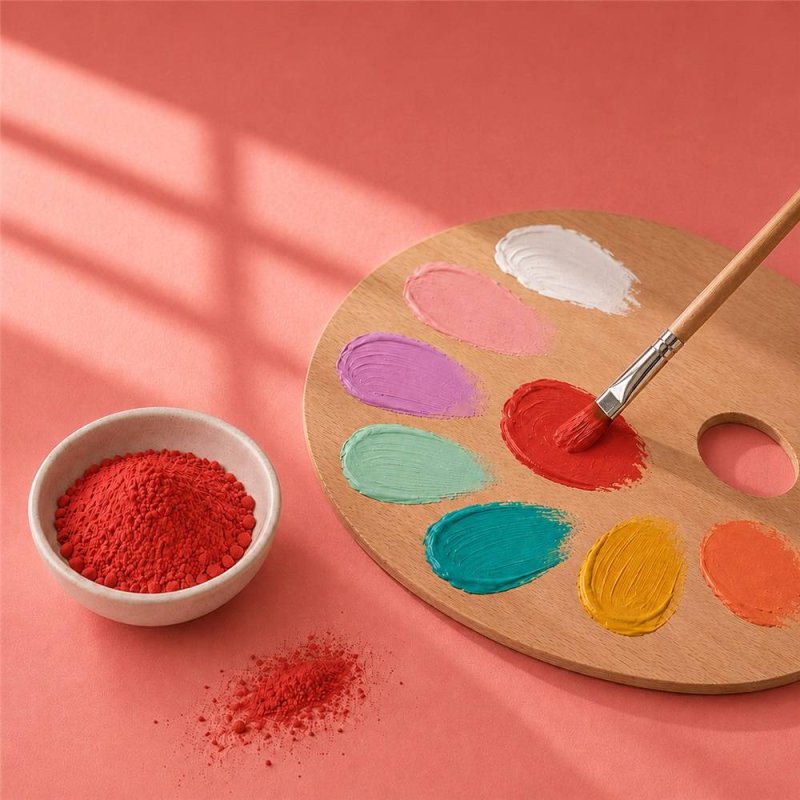 Pigment rouge fraise: bol de poudre près d’une palette de peinture et d’un pinceau