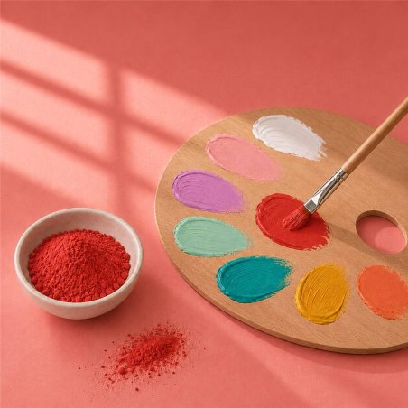 Pigment rouge fraise: bol de poudre près d’une palette de peinture et d’un pinceau