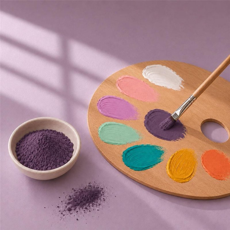 Pigmento violeta oscuro: cuenco de polvo junto a paleta de pintura y pincel