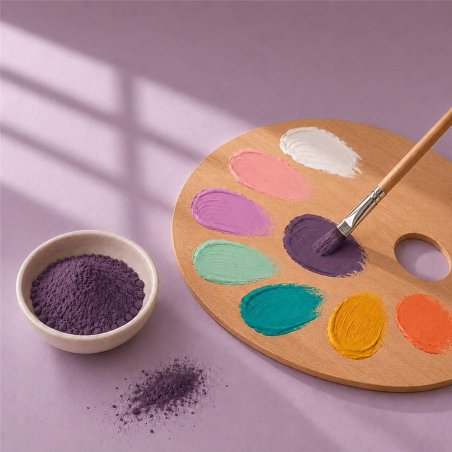 Pigment violet foncé: bol de poudre près d’une palette de peinture et d’un pinceau