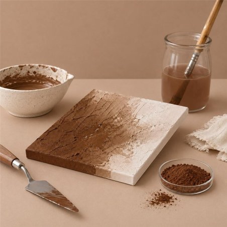 Pigmento castaño: pintura con textura, espátula y cuenco de pigmento