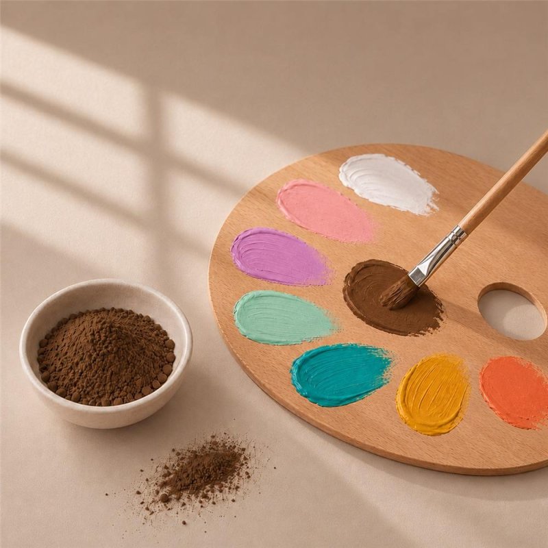 Pigmento castaño: cuenco de polvo junto a paleta de pintura y pincel