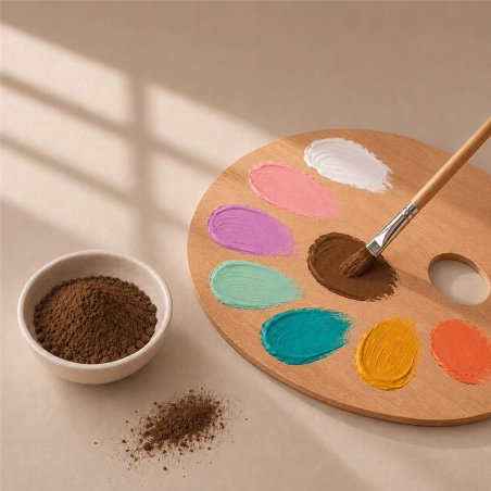 Pigmento castanho: taça de pó junto a paleta de pintura e pincel