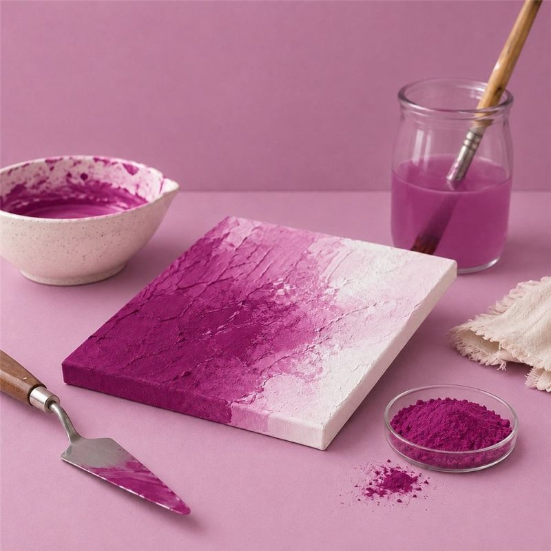 Pigment prune: peinture texturée, spatule et bol de pigment