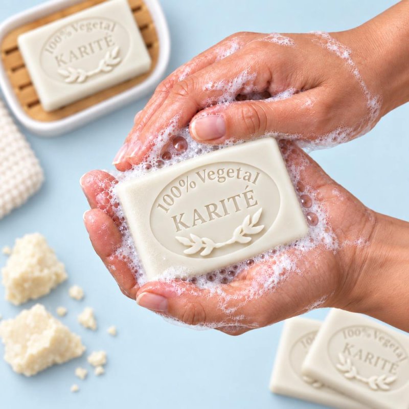 Jabón de karité hecho con molde: en manos con espuma
