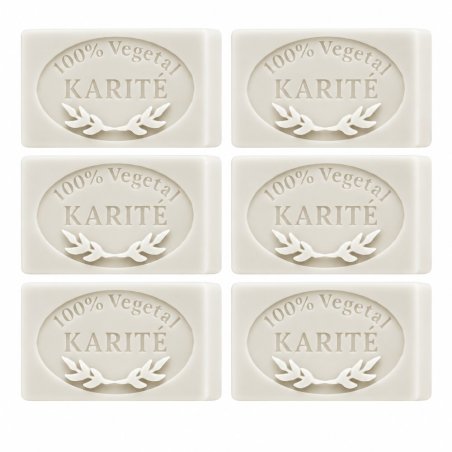 Jabón de karité hecho con molde: seis pastillas sobre fondo blanco