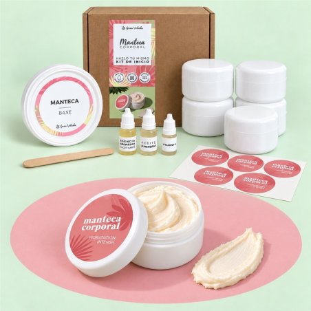 Kit de manteca corporal con base, ingredientes, tarros, etiquetas y muestra de crema